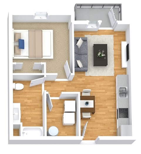 Floor plan for 1 bed, 1 bath, 648 sqft